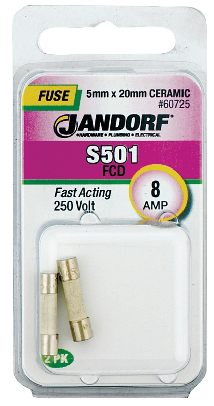 JANDORF S501 Series 60725 Fast Acting Fuse, 8 A, 250 V, 1500 A Interrupt, Ceramic Body, Fast-Acting Fuse