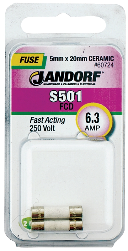JANDORF S501 Series 60724 Fast Acting Fuse, 6.3 A, 250 V, 1500 A Interrupt, Ceramic Body, Fast-Acting Fuse