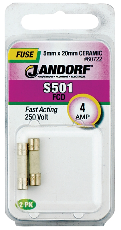 JANDORF S501 Series 60722 Fast Acting Fuse, 4 A, 250 V, 1500 A Interrupt, Ceramic Body, Fast-Acting Fuse