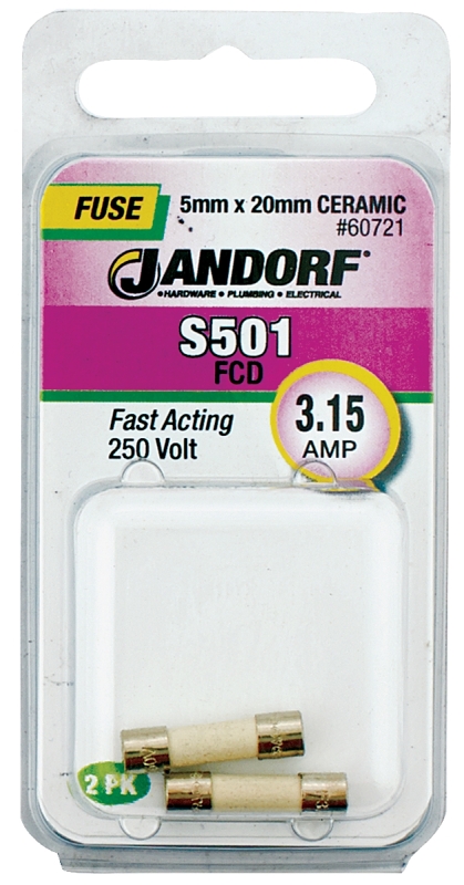 JANDORF S501 Series 60721 Fast Acting Fuse, 3.15 A, 250 V, 1500 A Interrupt, Ceramic Body, S501, Fast-Acting Fuse