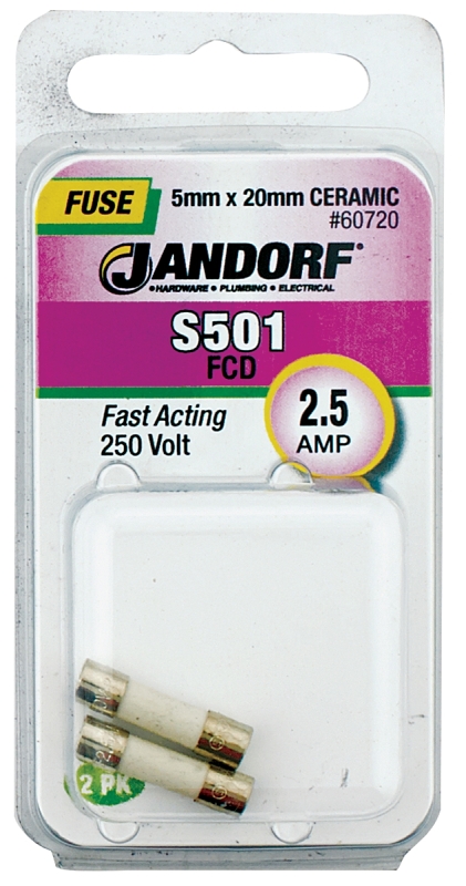 JANDORF S501 Series 60720 Fast Acting Fuse, 2.5 A, 250 V, 1500 A Interrupt, Ceramic Body, Fast-Acting Fuse