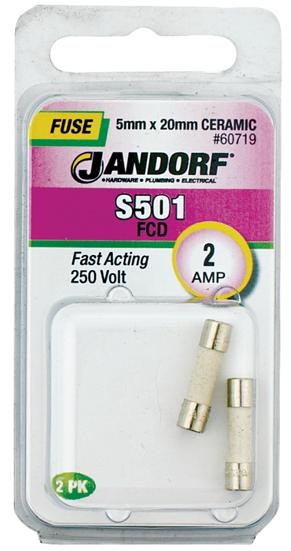 JANDORF S501 Series 60719 Fast Acting Fuse, 2 A, 250 V, 1500 A Interrupt, Ceramic Body, S501, Fast-Acting Fuse
