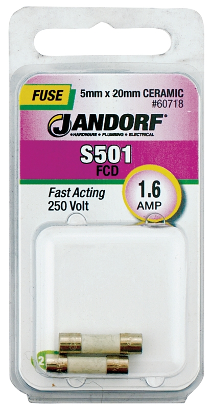 JANDORF S501 Series 60718 Fast Acting Fuse, 1.6 A, 250 V, 1500 A Interrupt, Ceramic Body, Fast-Acting Fuse