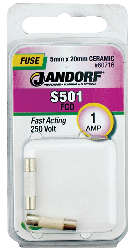 JANDORF S501 Series 60716 Fast Acting Fuse, 1 A, 250 V, 1500 A Interrupt, Ceramic Body, Fast-Acting Fuse