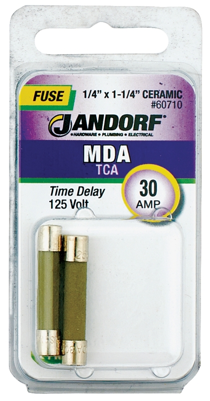 JANDORF MDA Series 60710 Time Delay Fuse, 30 A, 125 VDC, 1500 A, 10 kA Interrupt, Ceramic Body, MDA, Time Delay Fuse
