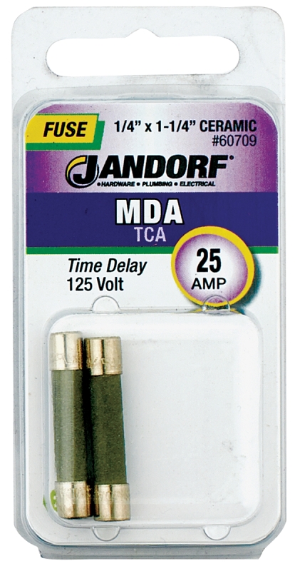 JANDORF MDA Series 60709 Time Delay Fuse, 25 A, 125 VDC, 1500 A, 10 kA Interrupt, Ceramic Body, MDA, Time Delay Fuse