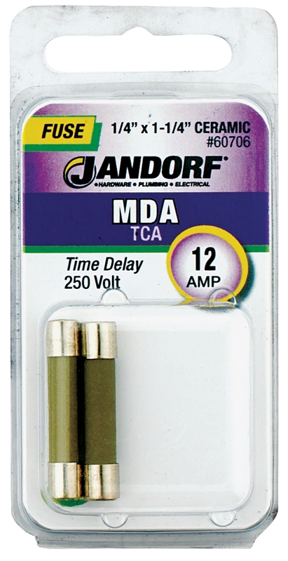 JANDORF MDA Series 60706 Time Delay Fuse, 12 A, 250 V, 750 A, 10 kA Interrupt, Ceramic Body, MDA, Time Delay Fuse
