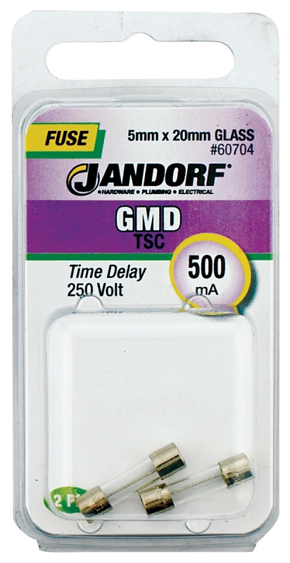 JANDORF GMD Series 60704 Time Delay Fuse, 500 mA, 250 V, 35 A, 10 kA Interrupt, Glass Body