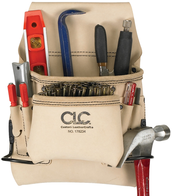 CLC 178234 Carpenter's Nail and Tool Bag, 8-Pocket, Leather, White, 24 in W, 13 in H