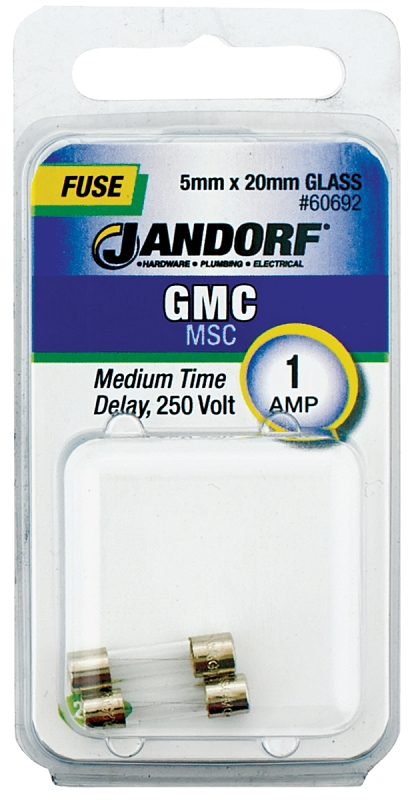 JANDORF GMC Series 60692 Time Delay Fuse, 1 A, 250 V, 35 A, 10 kA Interrupt, Glass Body, Medium Time Delay Fuse