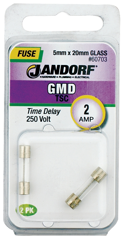 JANDORF GMD Series 60703 Time Delay Fuse, 2 A, 250 V, 100 A, 10 kA Interrupt, Glass Body, Medium Time Delay Fuse