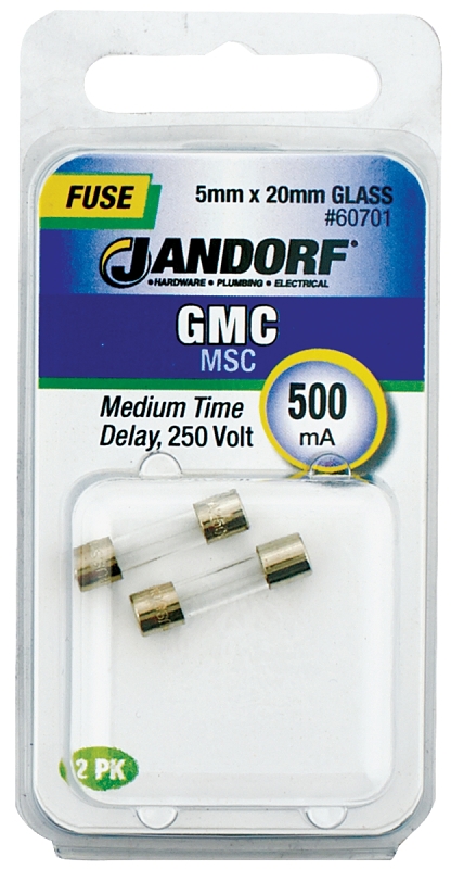 JANDORF GMC Series 60701 Time Delay Fuse, 500 mA, 250 V, 35 A, 1 kA Interrupt, Glass Body, Medium Time Delay Fuse