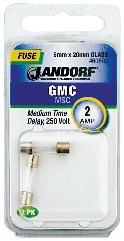 JANDORF GMC Series 60693 Time Delay Fuse, 2 A, 250 V, 100 A, 10 kA Interrupt, Glass Body, Medium Time Delay Fuse
