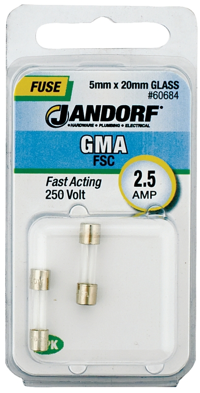 JANDORF GMA Series 60684 Fast Acting Fuse, 2.5 A, 250 V, 100 A, 10 kA Interrupt, Glass Body, Fast-Acting Fuse