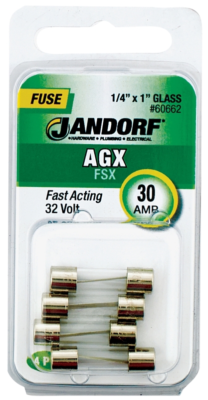 JANDORF AGX Series 60662 Fast Acting Fuse, 30 A, 32 V, 100, 1000 A Interrupt, Glass Body, Fast-Acting Fuse