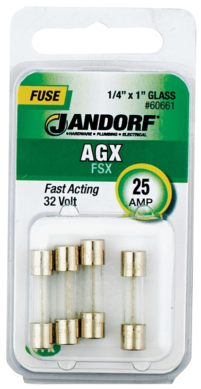 JANDORF AGX Series 60661 Fast Acting Fuse, 25 A, 32 V, 100, 1000 A Interrupt, Glass Body, AGX, Fast-Acting Fuse