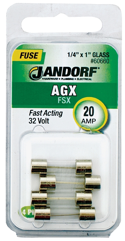 JANDORF AGX Series 60660 Fast Acting Fuse, 20 A, 32 V, 200, 1000 A Interrupt, Glass Body, Fast-Acting Fuse