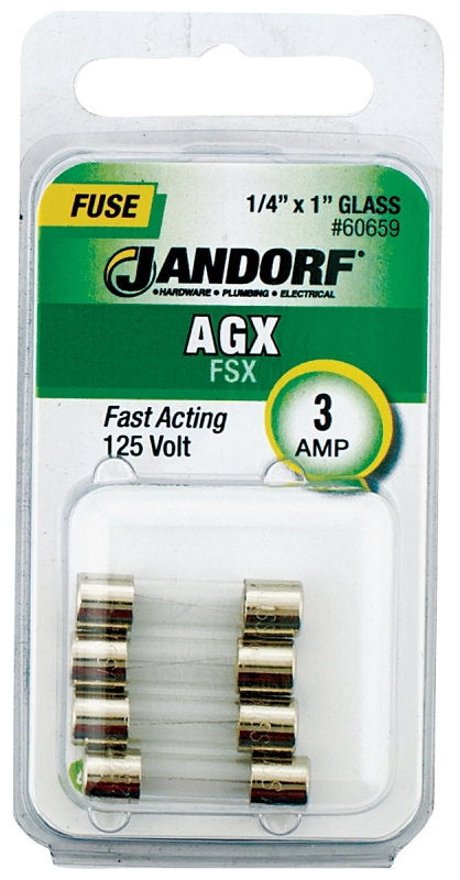 JANDORF AGX Series 60659 Fast Acting Fuse, 3 A, 125 V, 100 A, 10 kA Interrupt, Glass Body, AGX, Fast-Acting Fuse