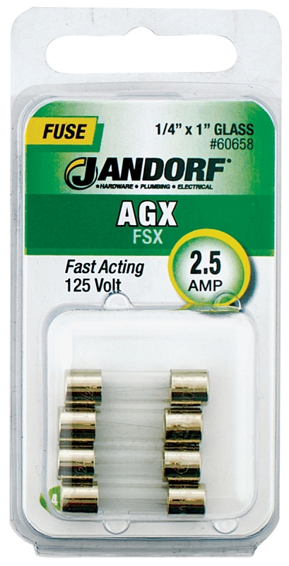 JANDORF AGX Series 60658 Fast Acting Fuse, 2.5 A, 125 V, 100 A, 10 kA Interrupt, Glass Body, Fast-Acting Fuse