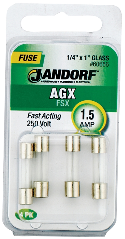 JANDORF AGX Series 60656 Fast Acting Fuse, 1.5 A, 250 V, 100 A, 10 kA Interrupt, Glass Body, Fast-Acting Fuse