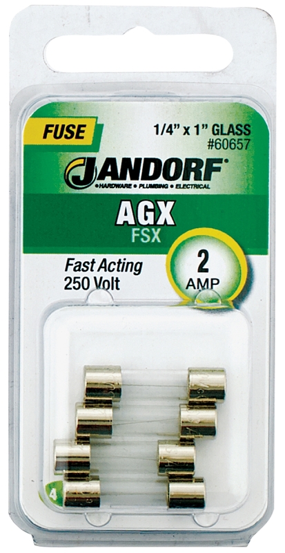 JANDORF AGX Series 60657 Fast Acting Fuse, 2 A, 250 V, 100 A, 10 kA Interrupt, Glass Body