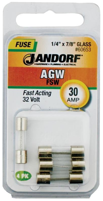 JANDORF AGW Series 60653 Fast Acting Fuse, 30 A, 32 V, 10 kA Interrupt, Glass Body, AGW