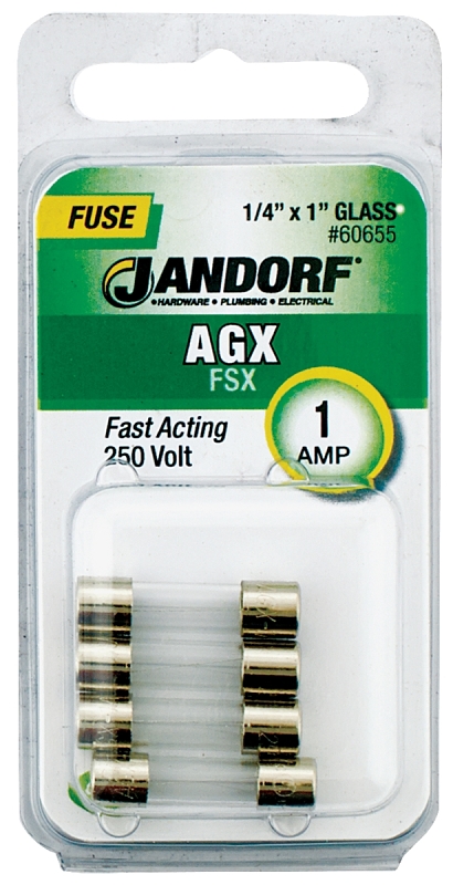 JANDORF AGX Series 60655 Fast Acting Fuse, 1 A, 250 V, 35 A, 10 kA Interrupt, Glass Body, AGX