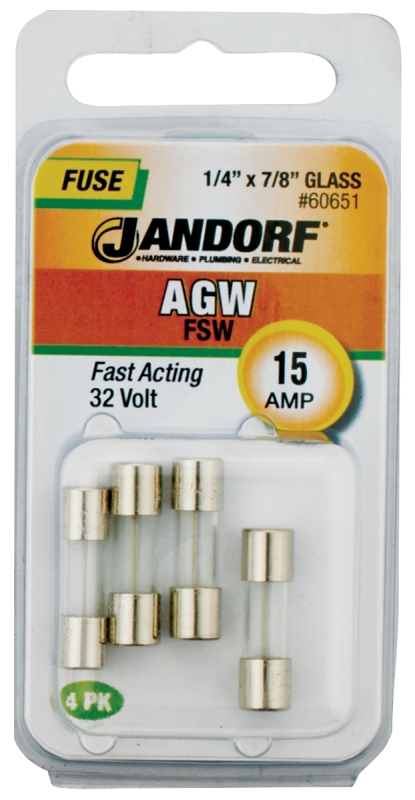 JANDORF AGW Series 60651 Fast Acting Fuse, 15 A, 32 V, 10 kA Interrupt, Glass Body, AGW, Fast-Acting Fuse