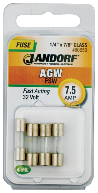 JANDORF AGW Series 60650 Fast Acting Fuse, 7.5 A, 32 V, 10 kA Interrupt, Glass Body, Fast-Acting Fuse