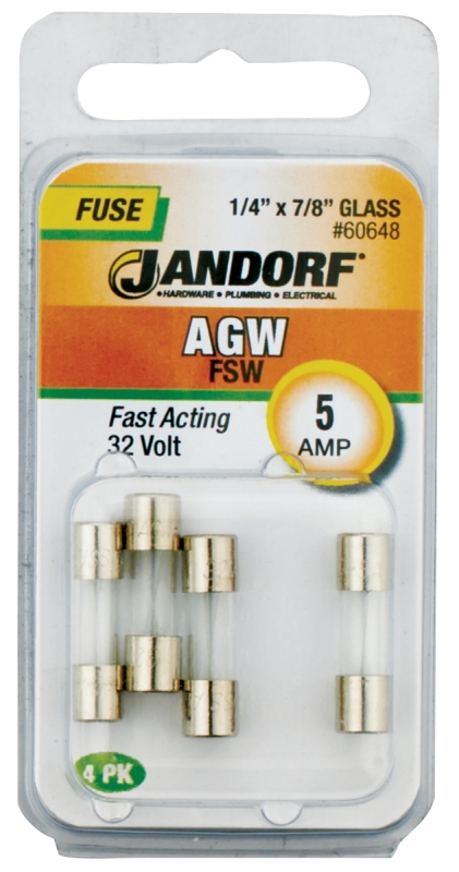 JANDORF AGW Series 60648 Fast Acting Fuse, 5 A, 32 V, 10 kA Interrupt, Glass Body, Fast-Acting Fuse