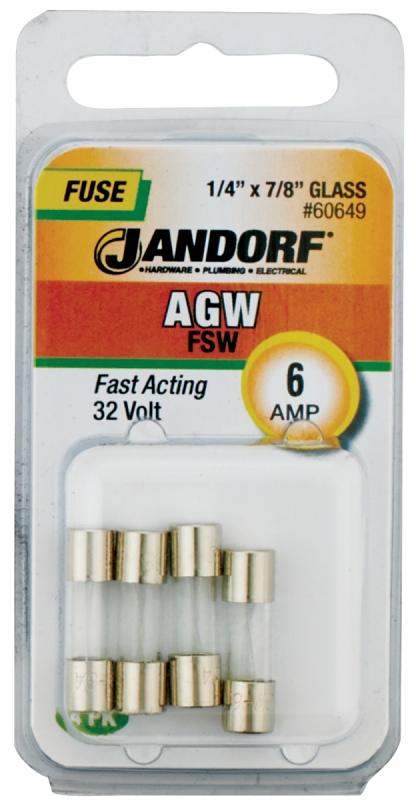 JANDORF AGW Series 60649 Fast Acting Fuse, 6 A, 32 V, 10 kA Interrupt, Glass Body, Fast-Acting Fuse
