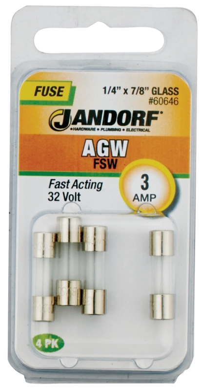 JANDORF AGW Series 60646 Fast Acting Fuse, 3 A, 32 V, 10 kA Interrupt, Glass Body