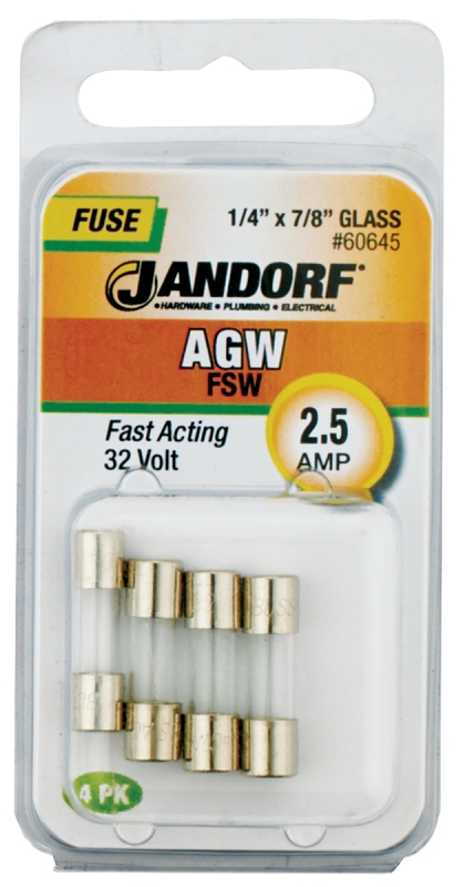 JANDORF AGW Series 60645 Fast Acting Fuse, 2.5 A, 32 V, 10 kA Interrupt, Glass Body, Fast-Acting Fuse