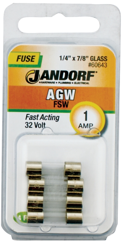 JANDORF AGW Series 60643 Fast Acting Fuse, 1 A, 32 V, 10 kA Interrupt, Glass Body, Fast-Acting Fuse