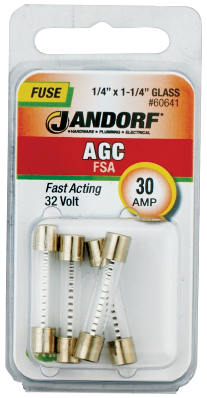 JANDORF AGC Series 60641 Fast Acting Fuse, 30 A, 32 V, 1 kA Interrupt, Glass Body, AGC