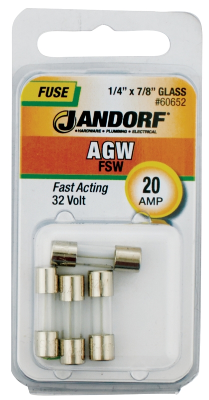 JANDORF AGW Series 60652 Fast Acting Fuse, 20 A, 32 V, 10 kA Interrupt, Glass Body, Fast-Acting Fuse
