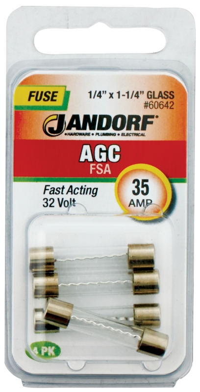 JANDORF AGC Series 60642 Fast Acting Fuse, 35 A, 32 V, 70 A Interrupt, Glass Body
