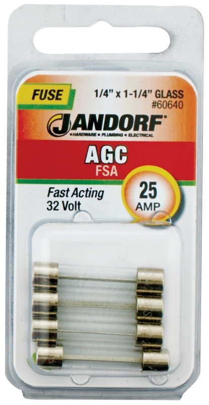 JANDORF AGC Series 60640 Fast Acting Fuse, 25 A, 32 V, 1 kA Interrupt, Glass Body, AGC