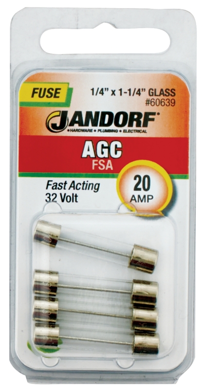 JANDORF AGC Series 60639 Fast Acting Fuse, 20 A, 32 V, 1 kA Interrupt, Glass Body, Fast-Acting Fuse