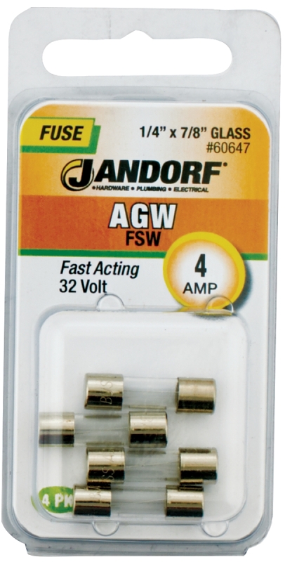 JANDORF AGW Series 60647 Fast Acting Fuse, 4 A, 32 V, 10 kA Interrupt, Glass Body, Fast-Acting Fuse