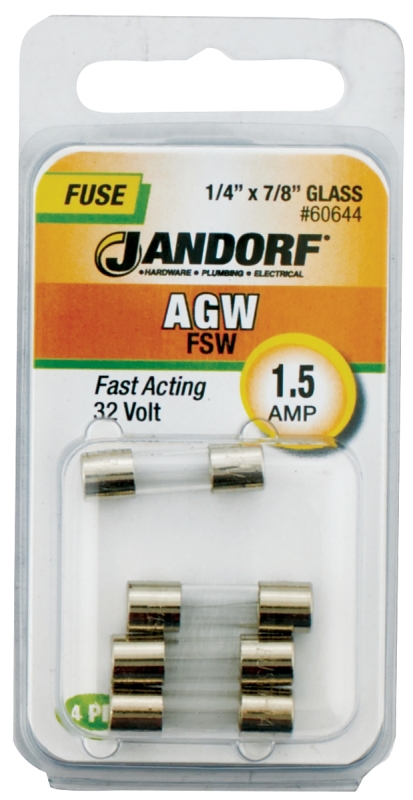 JANDORF AGW Series 60644 Fast Acting Fuse, 1.5 A, 32 V, 10 kA Interrupt, Glass Body, Fast-Acting Fuse