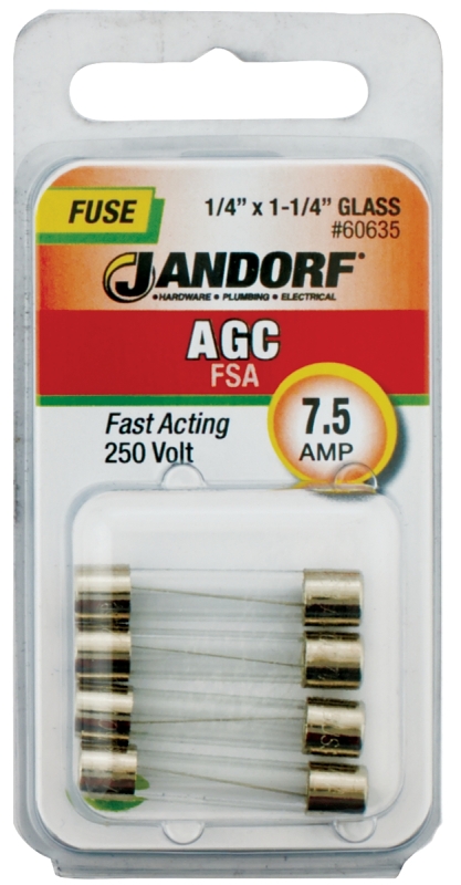 JANDORF AGC Series 60635 Fast Acting Fuse, 7.5 A, 250 V, 200 A, 10 kA Interrupt, Glass Body, AGC, Fast-Acting Fuse