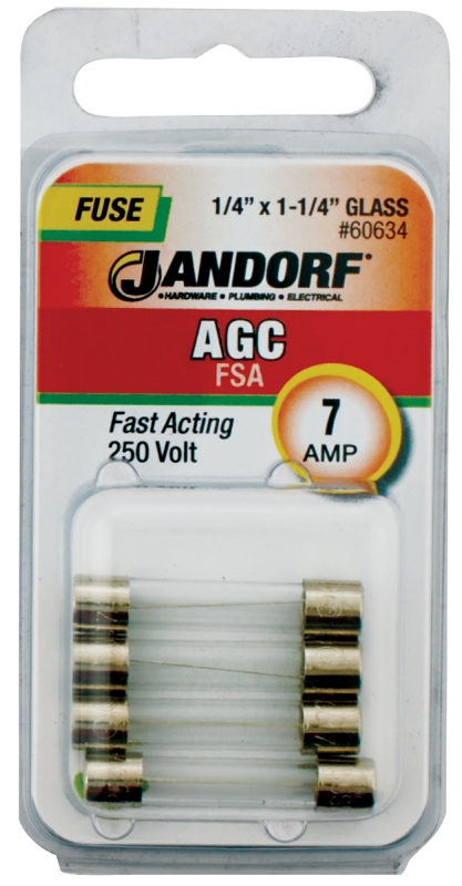 JANDORF AGC Series 60634 Fast Acting Fuse, 7 A, 250 V, 200 A, 10 kA Interrupt, Glass Body, AGC