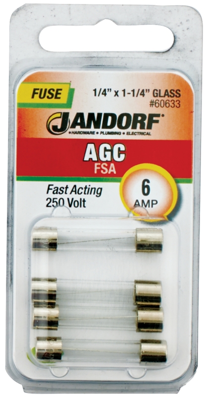JANDORF AGC Series 60633 Fast Acting Fuse, 6 A, 250 V, 200 A, 10 kA Interrupt, Glass Body, AGC, Fast-Acting Fuse