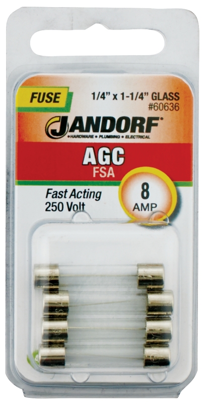 JANDORF AGC Series 60636 Fast Acting Fuse, 8 A, 250 V, 200 A, 10 kA Interrupt, Glass Body, AGC, Fast-Acting Fuse