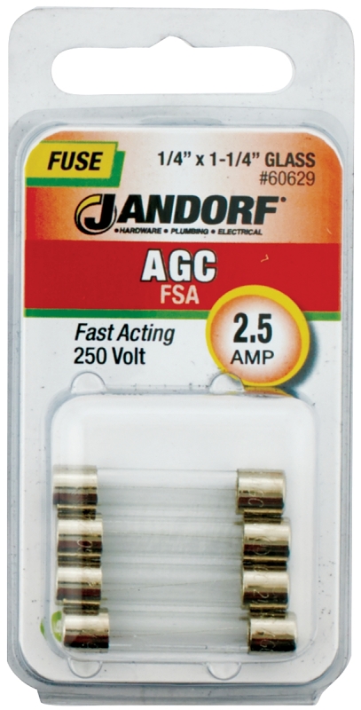 JANDORF AGC Series 60629 Fast Acting Fuse, 2.5 A, 250 V, 100 A, 10 kA Interrupt, Glass Body, Fast-Acting Fuse