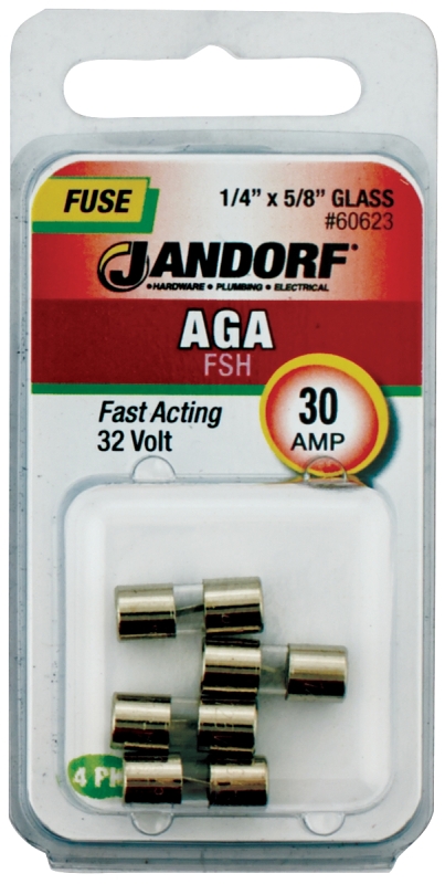 JANDORF AGA Series 60623 Fast Acting Fuse, 30 A, 32 V, 1 kA Interrupt, Glass Body, Fast-Acting Fuse
