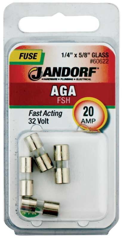 JANDORF AGA Series 60622 Fast Acting Fuse, 20 A, 32 V, 1 kA Interrupt, Glass Body, Fast-Acting Fuse