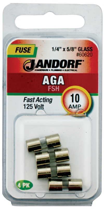 JANDORF AGA Series 60620 Fast Acting Fuse, 10 A, 125 V, 1 kA Interrupt, Glass Body, AGA