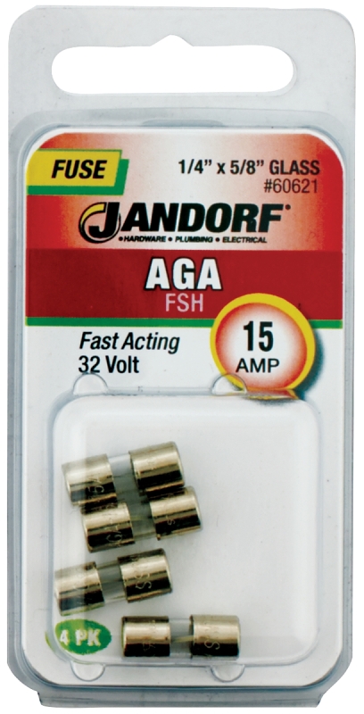 JANDORF AGA Series 60621 Fast Acting Fuse, 15 A, 32 V, 1 kA Interrupt, Glass Body, AGA